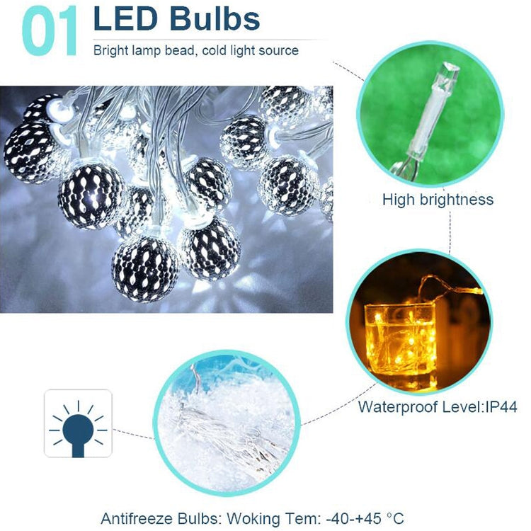 Ironwork Hollow Small Ball กลางแจ้ง LED Light String สวน ไฟตกแต่งเทศกาลพร้อมรีโมทคอนโทรล, Waterproof Battery Box 40 LEDs, Waterproof Battery Box 50 LEDs