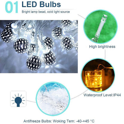Ironwork Hollow Small Ball กลางแจ้ง LED Light String สวน ไฟตกแต่งเทศกาลพร้อมรีโมทคอนโทรล, Waterproof Battery Box 40 LEDs, Waterproof Battery Box 50 LEDs