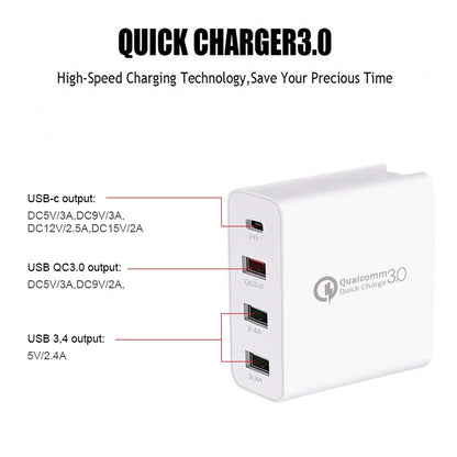 A3 PD 18W USB-C / Type-C + QC3.0 USB + Dual USB Interface ที่ชาร์จแบบพกพา, US Plug, EU Plug, UK Plug