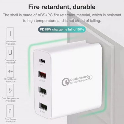 A3 PD 18W USB-C / Type-C + QC3.0 USB + Dual USB Interface ที่ชาร์จแบบพกพา, US Plug, EU Plug, UK Plug