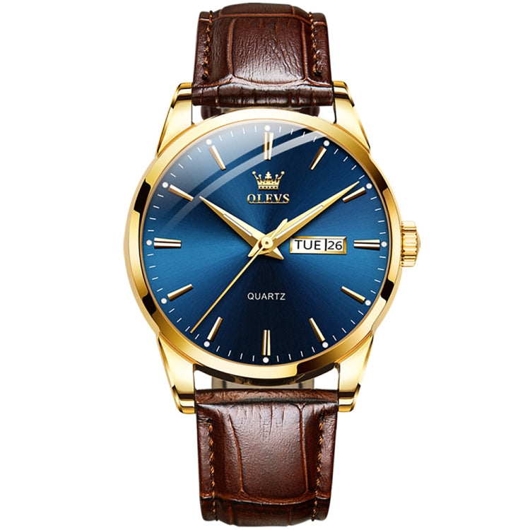 OLEVS 6898 Men Fashion Waterproof Dual Calendar Quartz Watch, Brown Blue, Black Leather