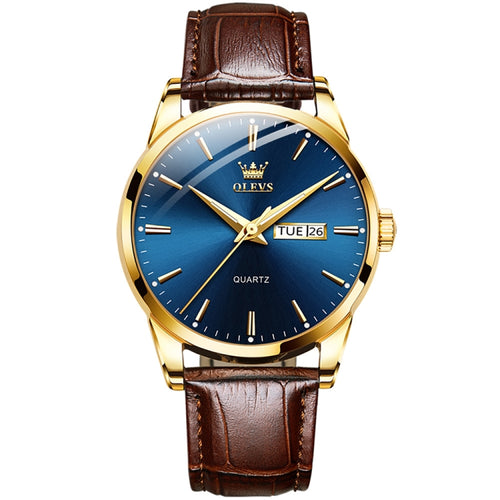 OLEVS 6898 Men Fashion Waterproof Dual Calendar Quartz Watch, Brown Blue, Black Leather