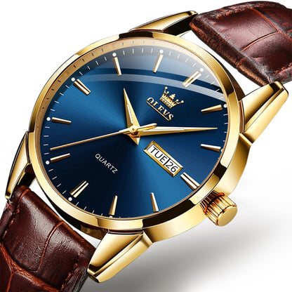 OLEVS 6898 Men Fashion Waterproof Dual Calendar Quartz Watch, Brown Blue, Black Leather