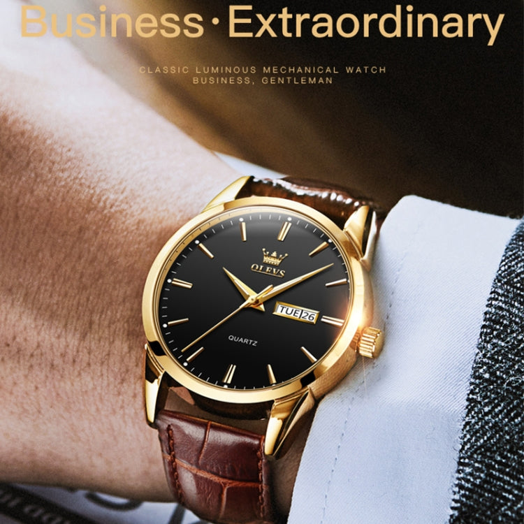 OLEVS 6898 Men Fashion Waterproof Dual Calendar Quartz Watch, Brown Blue, Black Leather