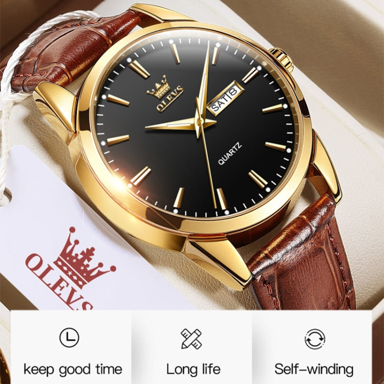 OLEVS 6898 Men Fashion Waterproof Dual Calendar Quartz Watch, Brown Blue, Black Leather