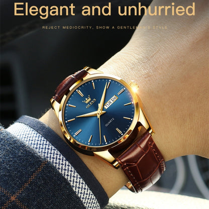 OLEVS 6898 Men Fashion Waterproof Dual Calendar Quartz Watch, Brown Blue, Black Leather