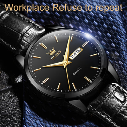 OLEVS 6898 Men Fashion Waterproof Dual Calendar Quartz Watch, Brown Blue, Black Leather
