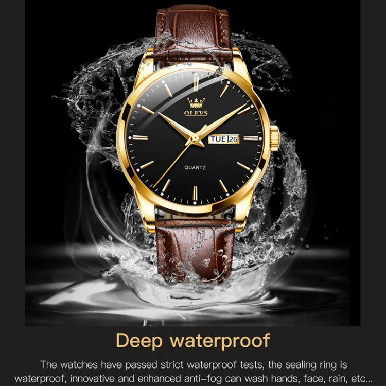 OLEVS 6898 Men Fashion Waterproof Dual Calendar Quartz Watch, Brown Blue, Black Leather