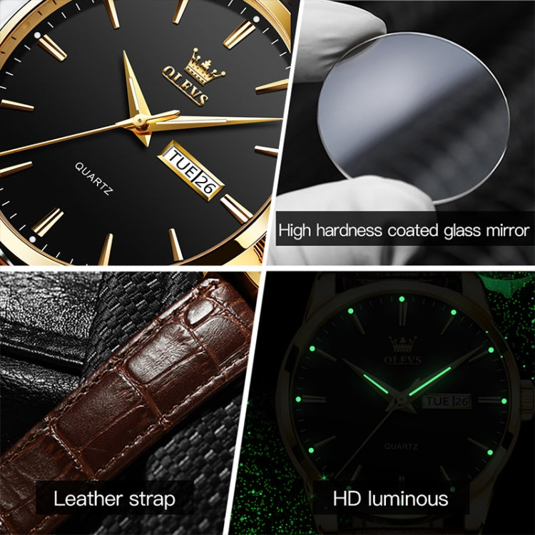 OLEVS 6898 Men Fashion Waterproof Dual Calendar Quartz Watch, Brown Blue, Black Leather