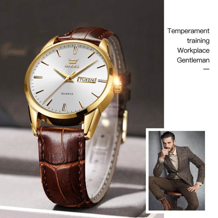 OLEVS 6898 Men Fashion Waterproof Dual Calendar Quartz Watch, Brown Blue, Black Leather