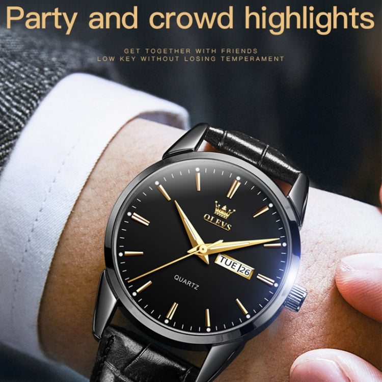 OLEVS 6898 Men Fashion Waterproof Dual Calendar Quartz Watch, Brown Blue, Black Leather