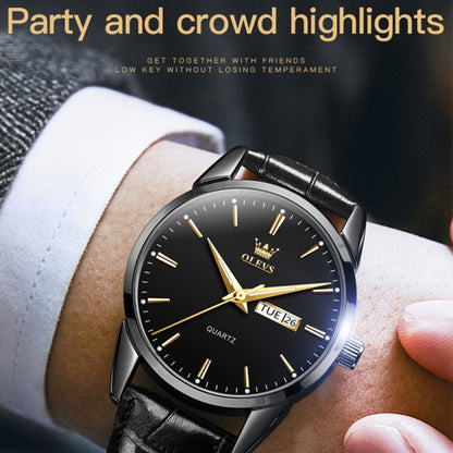 OLEVS 6898 Men Fashion Waterproof Dual Calendar Quartz Watch, Brown Blue, Black Leather