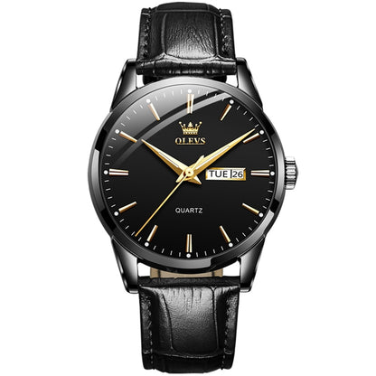 OLEVS 6898 Men Fashion Waterproof Dual Calendar Quartz Watch, Brown Blue, Black Leather