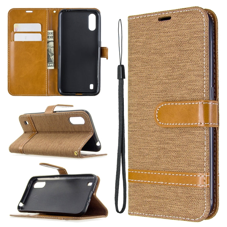 ซองหนังพลิกแนวนอนเนื้อยีนส์จับคู่สีพร้อมตัวยึดและช่องเสียบการ์ดและกระเป๋าสตางค์และเชือกเส้นเล็ก, For Galaxy A01, For Galaxy A21
