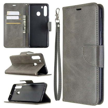 Retro Lambskin Texture ซองหนัง PU พลิกแนวนอนสีบริสุทธิ์พร้อมตัวยึดและช่องเสียบการ์ดและกระเป๋าสตางค์และเชือกเส้นเล็ก, For Galaxy A01, For Galaxy A21