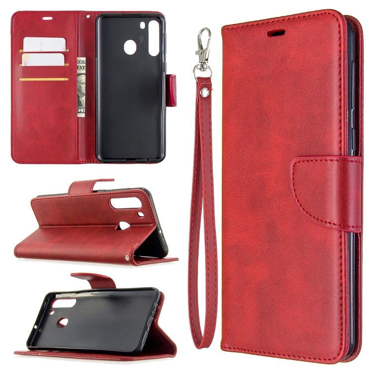 Retro Lambskin Texture ซองหนัง PU พลิกแนวนอนสีบริสุทธิ์พร้อมตัวยึดและช่องเสียบการ์ดและกระเป๋าสตางค์และเชือกเส้นเล็ก, For Galaxy A01, For Galaxy A21