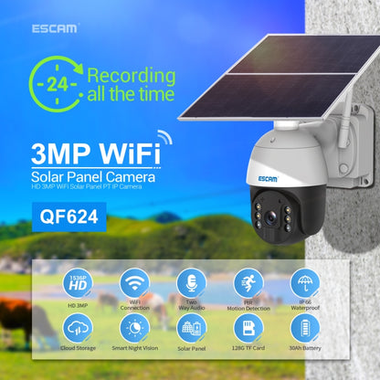ESCAM QF624 1080P HD IP66 กันน้ำ WiFi แผงโซลาร์เซลล์ PT IP กล้อง ไม่มีแบตเตอรี่, QF624