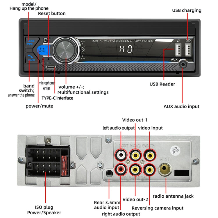 9901 เครื่องเล่น MP5 แบบพับเก็บได้ในรถยนต์ขนาด 7 นิ้วรองรับอินเทอร์เน็ต FM และโทรศัพท์มือถือ, 9901