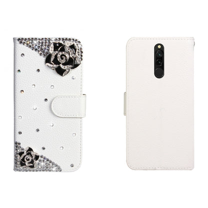ซองหนัง Rhinestones สีทึบพลิกแนวนอนพร้อมช่องเสียบการ์ดและกระเป๋าเงินและตัวยึด, For Xiaomi Redmi 8