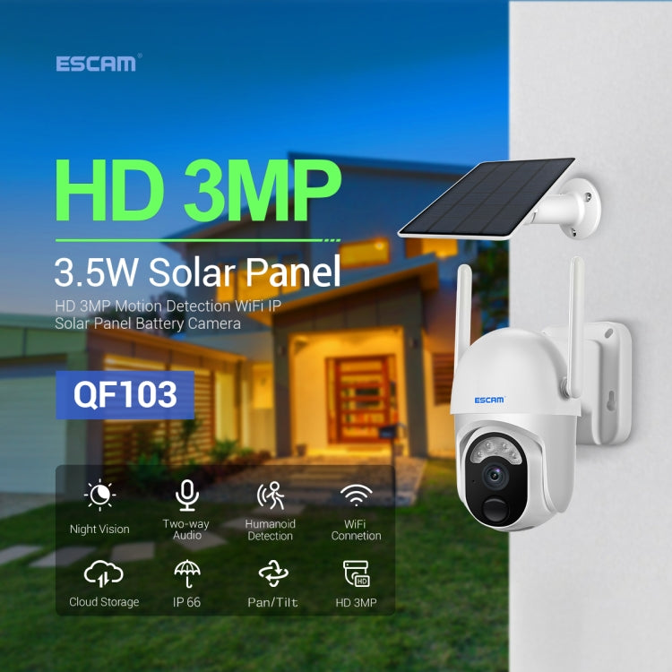 ESCAM QF103 3MP Cloud Storage PT WIFI PIR Alarm IP กล้อง พร้อมแผงโซลาร์เซลล์ แบตเตอรี่ รองรับ Night Vision สีเต็มรูปแบบและเสียงสองทาง, QF103