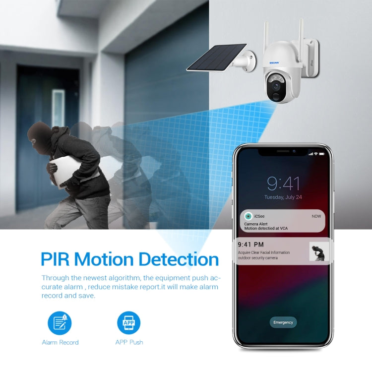 ESCAM QF103 3MP Cloud Storage PT WIFI PIR Alarm IP กล้อง พร้อมแผงโซลาร์เซลล์ แบตเตอรี่ รองรับ Night Vision สีเต็มรูปแบบและเสียงสองทาง, QF103