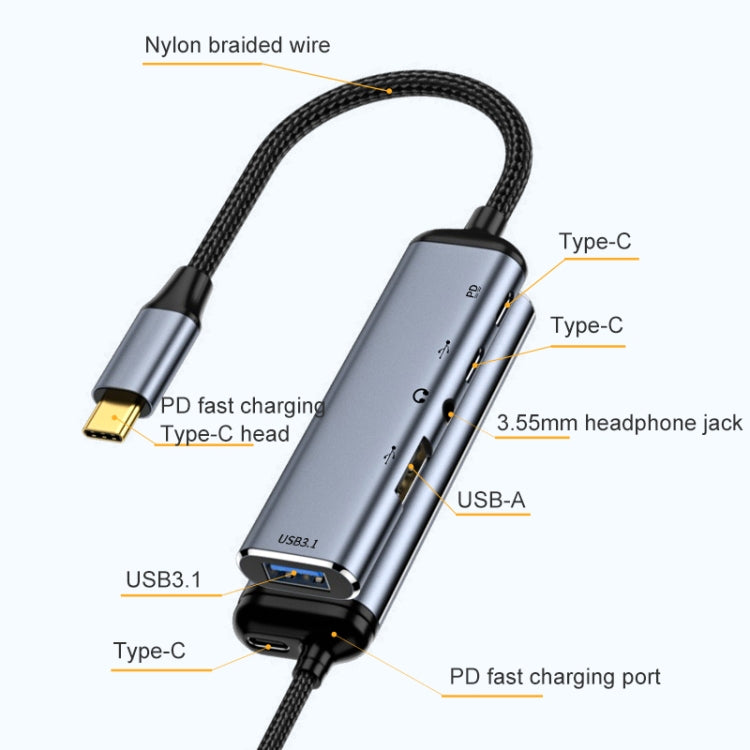 Y003 5 in 1 USB-C / Type-C เป็น USB3.1 + USB2.0 + Dual USB-C / Type-C + 3.5 มม. อินเตอร์เฟซเสียงอะแดปเตอร์มัลติฟังก์ชั่น, Y003