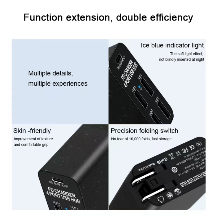 X83 65W เอาต์พุต USB-C / Type-C + 4 พอร์ต USB HUB PD Charger, US Plug, X83