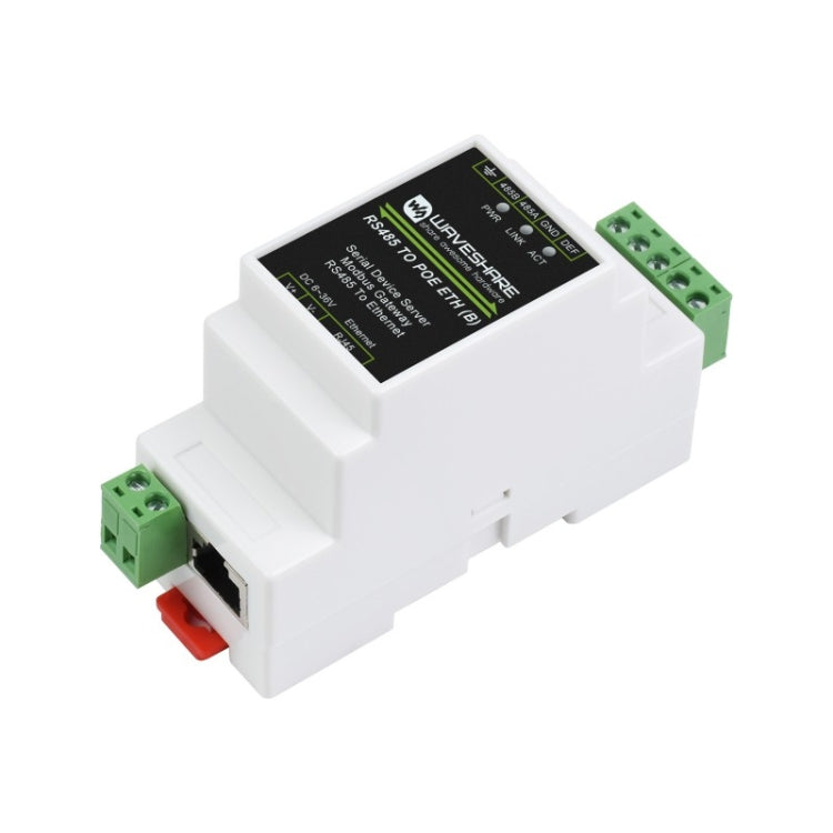 Waveshare Din Rail RS485 ถึง RJ45 เซิร์ฟเวอร์อนุกรมพร้อมฟังก์ชัน POE, 23273