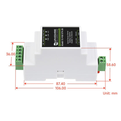 Waveshare Din Rail RS485 ถึง RJ45 เซิร์ฟเวอร์อนุกรมพร้อมฟังก์ชัน POE, 23273