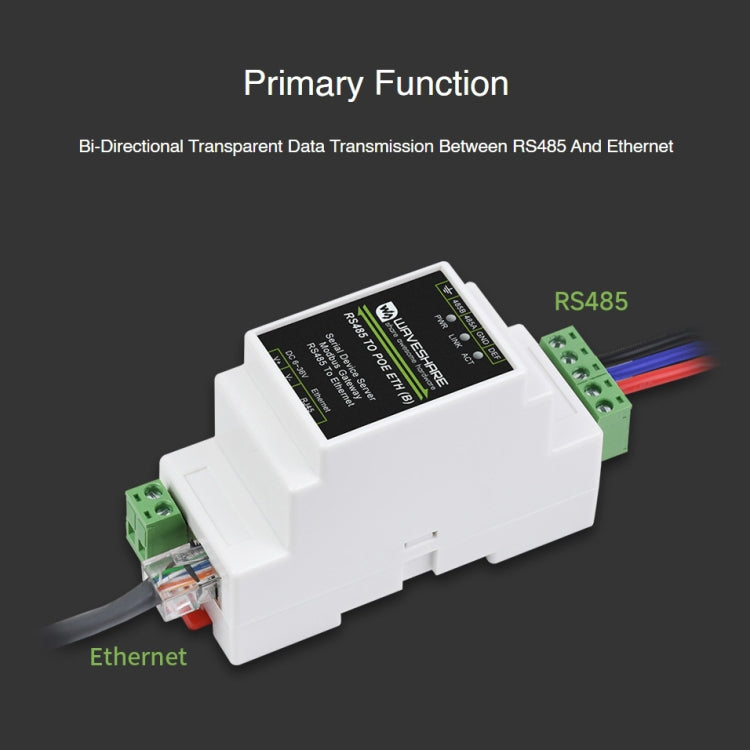 Waveshare Din Rail RS485 ถึง RJ45 เซิร์ฟเวอร์อนุกรมพร้อมฟังก์ชัน POE, 23273