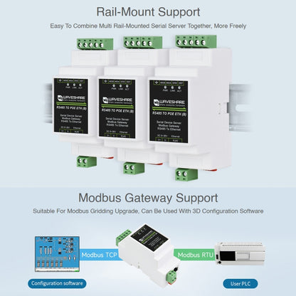 Waveshare Din Rail RS485 ถึง RJ45 เซิร์ฟเวอร์อนุกรมพร้อมฟังก์ชัน POE, 23273