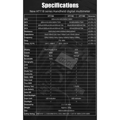 HABOTEST HT118D มัลติมิเตอร์แบบดิจิตอลความแม่นยำสูงแบบพกพา, HT118D