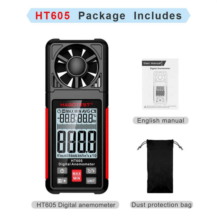 HABOTEST HT605 จอแสดงผลดิจิตอลอัจฉริยะแบบพกพาเครื่องทดสอบความเร็วลมแบบใช้มือถือ, HT605