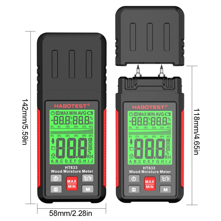 HABOTEST HT633 เครื่องตรวจจับความชื้นไม้จอแสดงผลดิจิตอลมัลติฟังก์ชั่นแบบพกพา, HT633