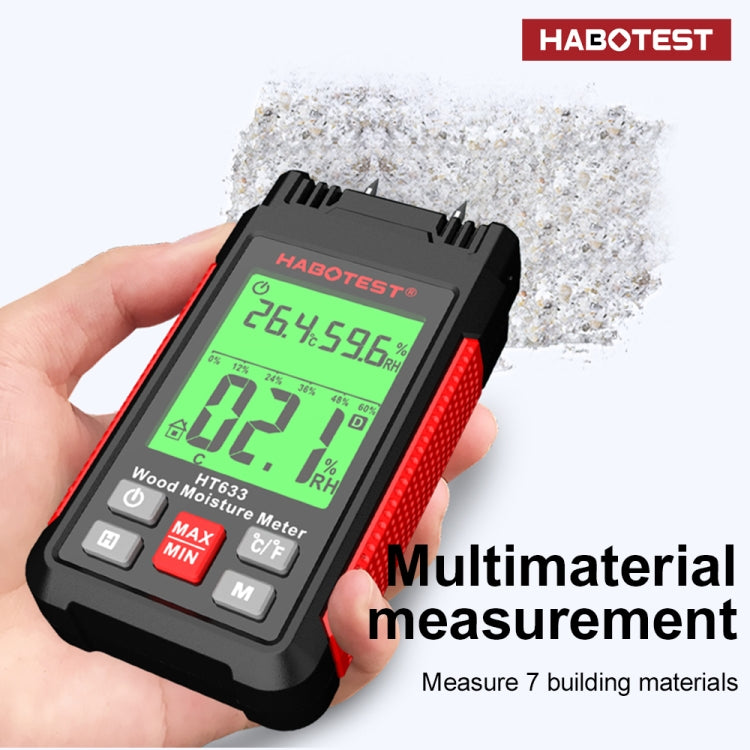 HABOTEST HT633 เครื่องตรวจจับความชื้นไม้จอแสดงผลดิจิตอลมัลติฟังก์ชั่นแบบพกพา, HT633