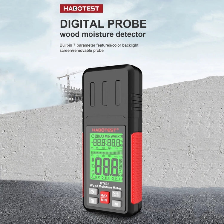 HABOTEST HT633 เครื่องตรวจจับความชื้นไม้จอแสดงผลดิจิตอลมัลติฟังก์ชั่นแบบพกพา, HT633