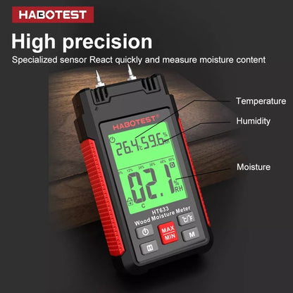 HABOTEST HT633 เครื่องตรวจจับความชื้นไม้จอแสดงผลดิจิตอลมัลติฟังก์ชั่นแบบพกพา, HT633