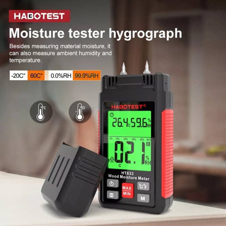 HABOTEST HT633 เครื่องตรวจจับความชื้นไม้จอแสดงผลดิจิตอลมัลติฟังก์ชั่นแบบพกพา, HT633