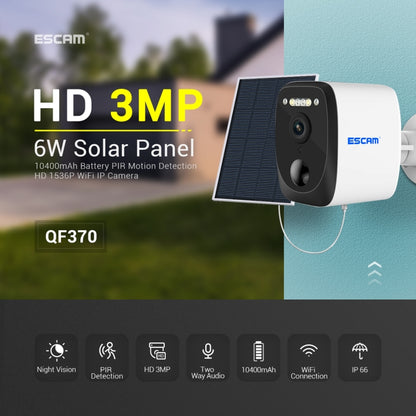 ESCAM QF370 3MP Cloud Storage PT WIFI แผงพลังงานแสงอาทิตย์ IP กล้อง PIR รองรับ Night Vision & Two Way Audio, QF370