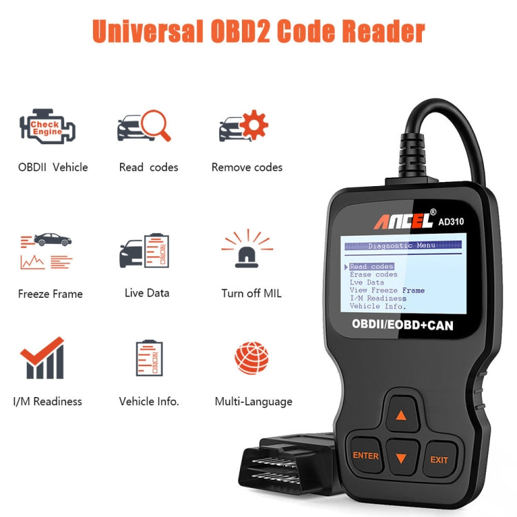 Ancel AD310 CAN OBD2 เครื่องมือวินิจฉัยความผิดพลาดของเครื่องยนต์ในรถยนต์, AD310
