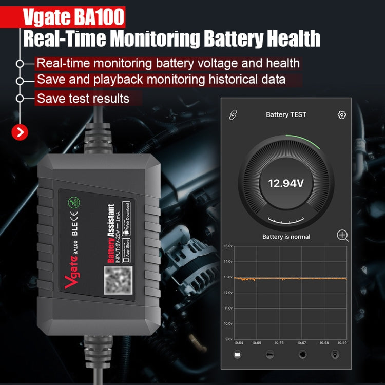 Vgate BA100 รถ 12V Bluetooth 4.0 เครื่องวิเคราะห์เครื่องช่วยวิเคราะห์แบตเตอรี่, Vgate BA100