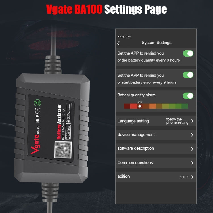 Vgate BA100 รถ 12V Bluetooth 4.0 เครื่องวิเคราะห์เครื่องช่วยวิเคราะห์แบตเตอรี่, Vgate BA100