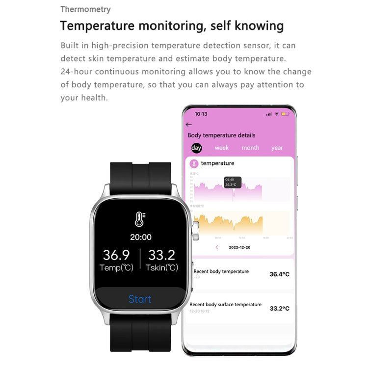 GT22 1.85 นิ้วหน้าจอ TFT วงซิลิโคนสุขภาพสมาร์ทวอทช์รองรับการโทรผ่าน Bluetooth / ออกซิเจนในเลือดที่ราบสูง / อุณหภูมิของร่างกาย / การเต้นของหัวใจ / การตรวจวัดอัตราการเต้นของหัวใจ TI, Silicone Band (Black), Silicone Band (Black Silver)