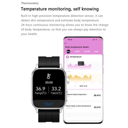 GT22 1.85 นิ้วหน้าจอ TFT วงซิลิโคนสุขภาพสมาร์ทวอทช์รองรับการโทรผ่าน Bluetooth / ออกซิเจนในเลือดที่ราบสูง / อุณหภูมิของร่างกาย / การเต้นของหัวใจ / การตรวจวัดอัตราการเต้นของหัวใจ TI, Silicone Band (Black), Silicone Band (Black Silver)