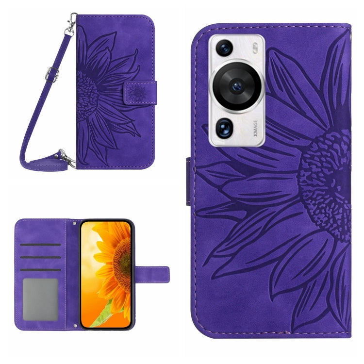 Skin Feel Sun Flower เคสโทรศัพท์หนังพลิกลายนูนพร้อมเชือกเส้นเล็ก, For Huawei P60 Pro