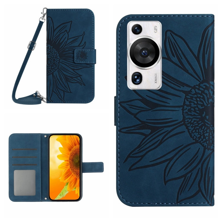 Skin Feel Sun Flower เคสโทรศัพท์หนังพลิกลายนูนพร้อมเชือกเส้นเล็ก, For Huawei P60 Pro