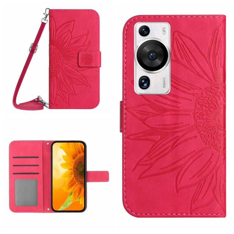 Skin Feel Sun Flower เคสโทรศัพท์หนังพลิกลายนูนพร้อมเชือกเส้นเล็ก, For Huawei P60 Pro