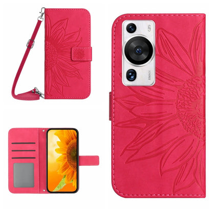 Skin Feel Sun Flower เคสโทรศัพท์หนังพลิกลายนูนพร้อมเชือกเส้นเล็ก, For Huawei P60 Pro