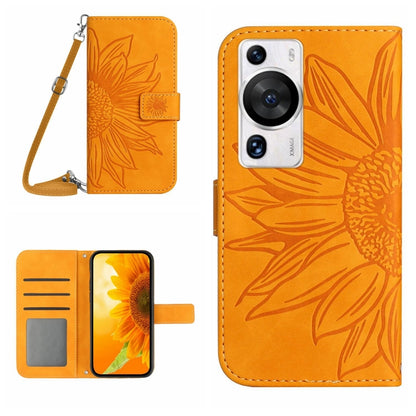 Skin Feel Sun Flower เคสโทรศัพท์หนังพลิกลายนูนพร้อมเชือกเส้นเล็ก, For Huawei P60 Pro