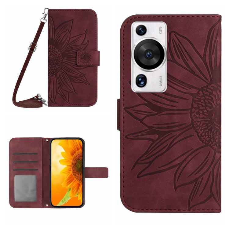 Skin Feel Sun Flower เคสโทรศัพท์หนังพลิกลายนูนพร้อมเชือกเส้นเล็ก, For Huawei P60 Pro
